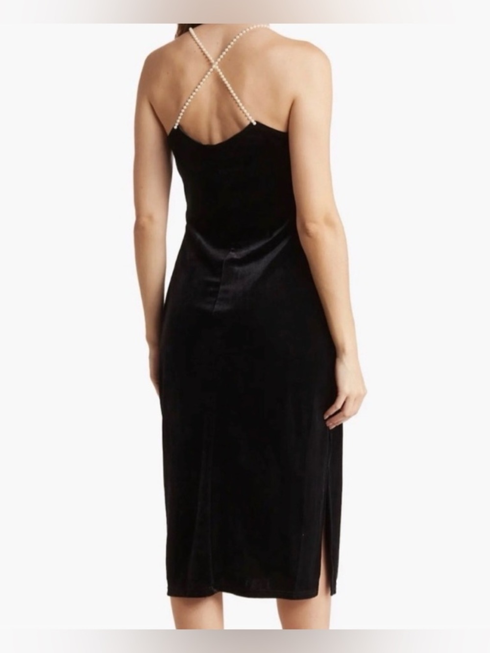 Sam Edelman Black Velvet Pearl Strap Midi Slip Dress Cocktail Holiday Party
